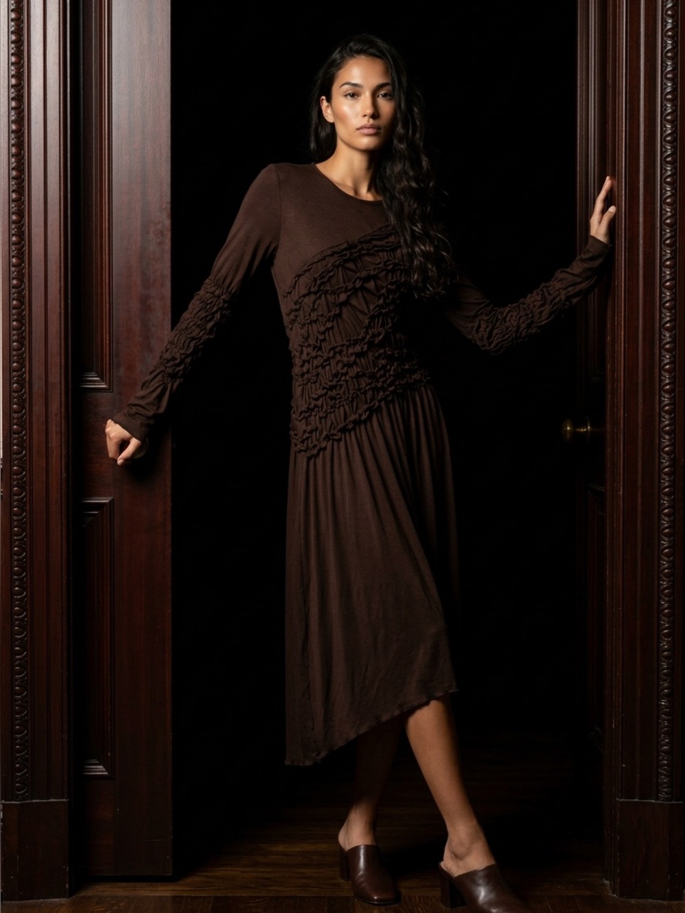 NWT Zara Gorgeous Brown Ruffled scrunch Maxi Dress - Picture 2 of 8